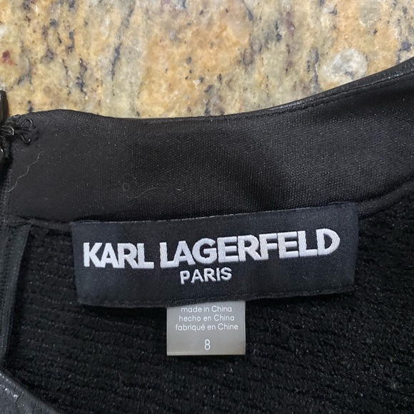 Karl Lagerfeld Black Textured Dress with Faux Leather Trim - Picture 9 of 9